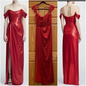 Marchesa Off Shoulder Metallic Red Hot Gown